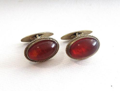 Vintage zilveren 875 manchetknopen met Baltisch Amber, '60., Handtassen en Accessoires, Antieke sieraden, Manchetknopen, Zilver