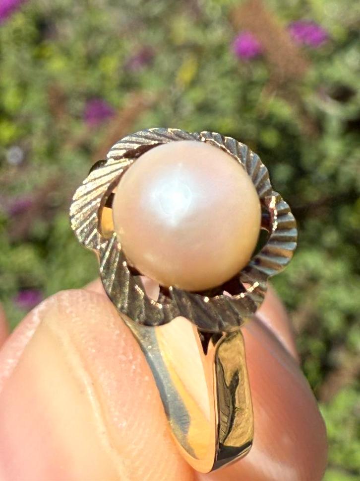 Prachtige vintage 14K gouden ring met natuurlijke parel!, Bijoux, Sacs & Beauté, Bagues, Femme, 17 à 18, Jaune, Or, Avec perle
