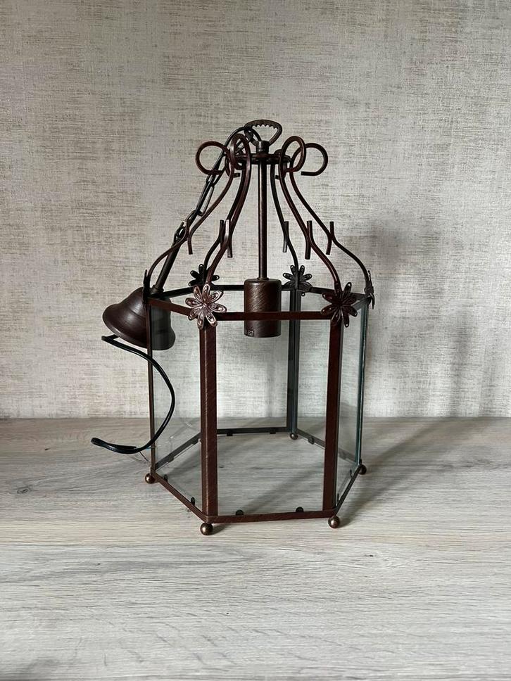 Lantaarnkroonluchter in gepatineerd metaal en glas, Huis en Inrichting, Lampen | Kroonluchters, Zo goed als nieuw, Glas, Metaal