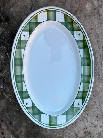 Ovale platte schotel Boch Bruno (1936) - groen geruit, Ophalen of Verzenden