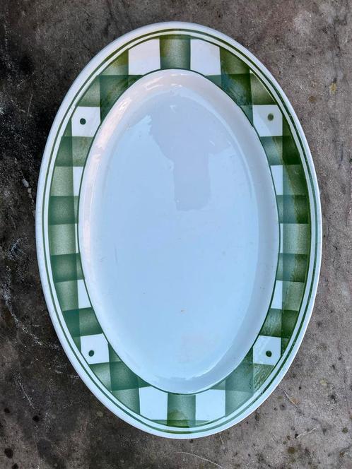 Ovale platte schotel Boch Bruno (1936) - groen geruit, Antiek en Kunst, Antiek | Servies los, Ophalen of Verzenden