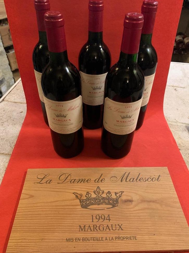 La Dame de Malescot 1994 Margaux 5 flessen 75cl, Verzamelen, Wijnen, Zo goed als nieuw, Rode wijn, Frankrijk, Vol, Ophalen of Verzenden