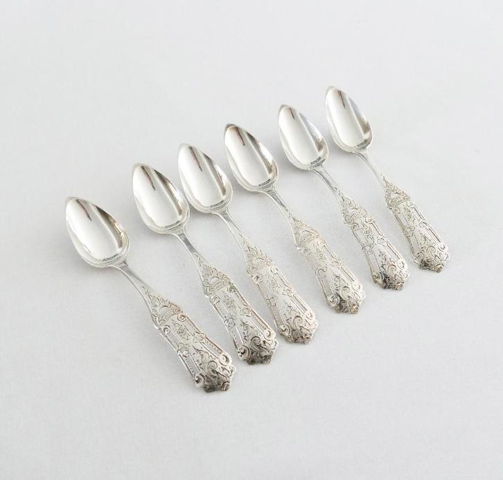 6 zilveren theelepels - Biedermeier - H.A. Schuss -  1866, Antiquités & Art, Antiquités | Couverts, Envoi