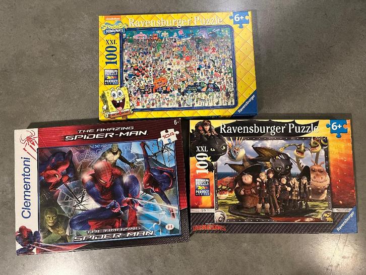 3 kinderpuzzels (6+) – SpongeBob, Dragons & Spider-Man, Kinderen en Baby's, Speelgoed | Kinderpuzzels, Zo goed als nieuw, 6 jaar of ouder