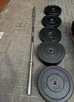 140kg Bumperplates + Olympische Barbell 220cm ,20kg, Sport en Fitness, Fitnessmaterialen, Ophalen, Gebruikt, Halterschijven