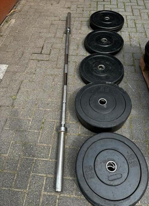 140kg Bumperplates + Olympische Barbell 220cm ,20kg, Sport en Fitness, Fitnessmaterialen, Gebruikt, Halterschijven, Ophalen