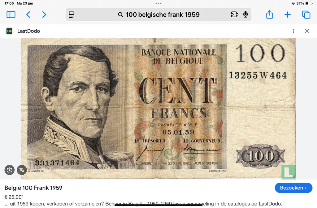 Bankbiljet 100 Belgische frank 1959, Postzegels en Munten, Munten en Bankbiljetten | Verzamelingen, Bankbiljetten, Ophalen of Verzenden