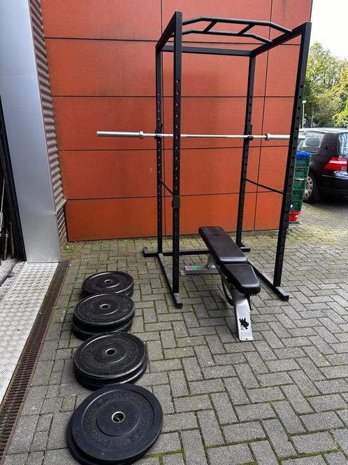 Power Rack met Bankje , 100kg Bumperplates, Barbell 220cm, Sports & Fitness, Équipement de fitness, Utilisé, Enlèvement