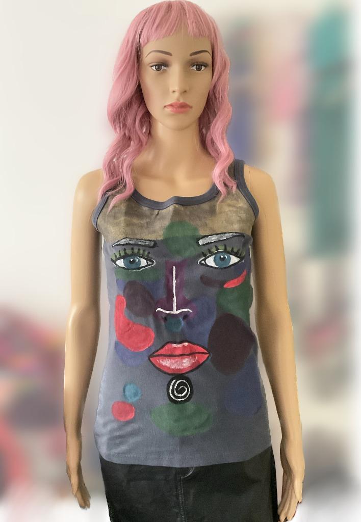 Grijze katoenen top met handgeschilderde print (maat XS/S), Kleding | Dames, Topjes, Gedragen, Maat 36 (S), Grijs, Zonder mouw