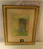 Oud Geschilderd Aquarel 'Ruine en Toren' - Braems - 1949, Antiek en Kunst, Ophalen of Verzenden