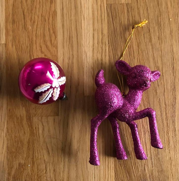 set roze glitterhertje + vintage roze kerstbal kersthanger, Diversen, Kerst, Gebruikt, Ophalen of Verzenden