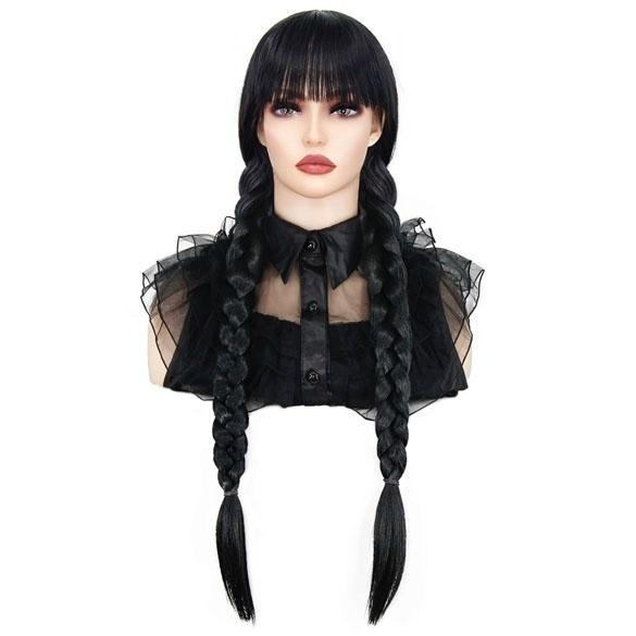 Luxe Wednesday Addams zwarte pruik met vlechten en pony, Handtassen en Accessoires, Uiterlijk | Haarverzorging, Nieuw, Verzenden