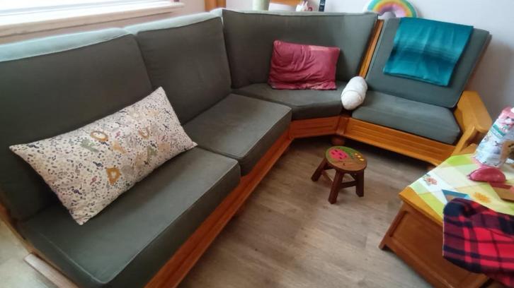 sofa, Huis en Inrichting, Zetels | Zetels, Gebruikt, Hoekbank, Vierpersoons of meer, 200 tot 250 cm, 125 tot 150 cm, Hout, Ophalen
