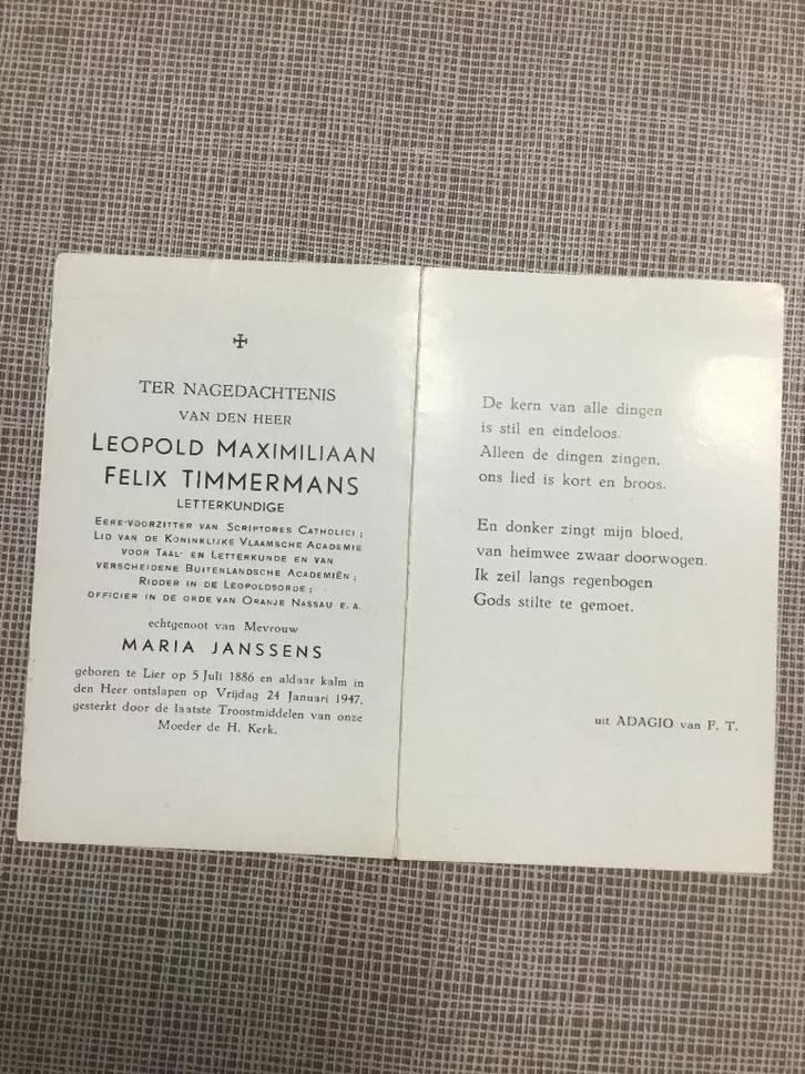 SCHRIJVER Felix Timmermans Lier +1947 collaboratie WOII, Verzamelen, Bidprentjes en Rouwkaarten, Bidprentje, Verzenden