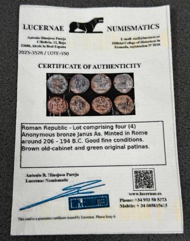 Romeinse coins 4x Janus As Munten 206-194 BC + certificaat, Postzegels en Munten, Munten | Europa | Niet-Euromunten, Setje, Italië