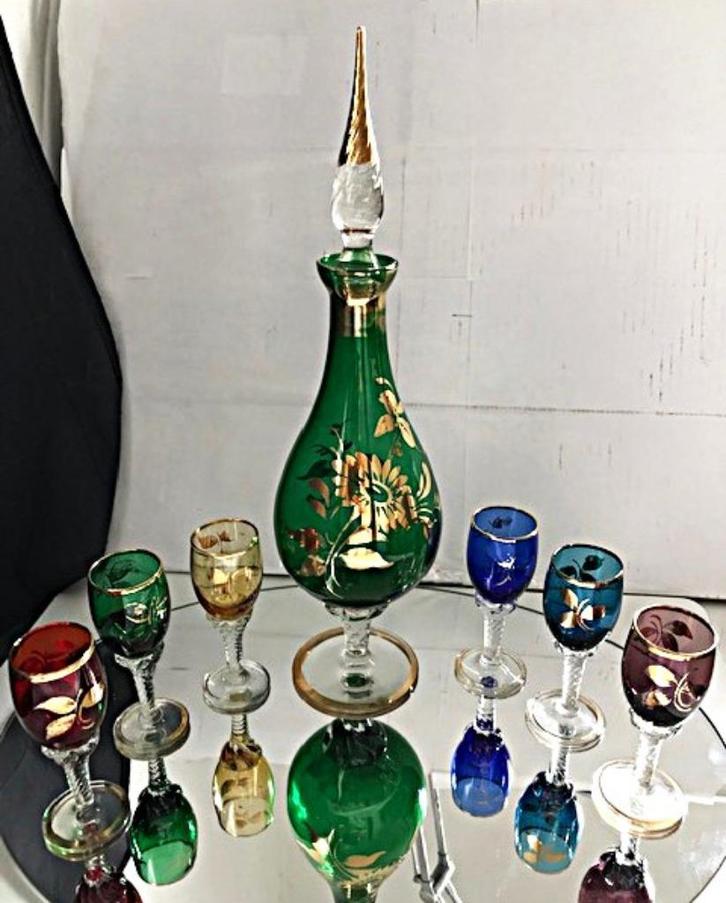 Kristal Glazen met Karaf Gekleurd Antiek ✨😍🍾💎💑🎁🤗👌, Antiek en Kunst, Antiek | Glaswerk en Kristal, Ophalen of Verzenden