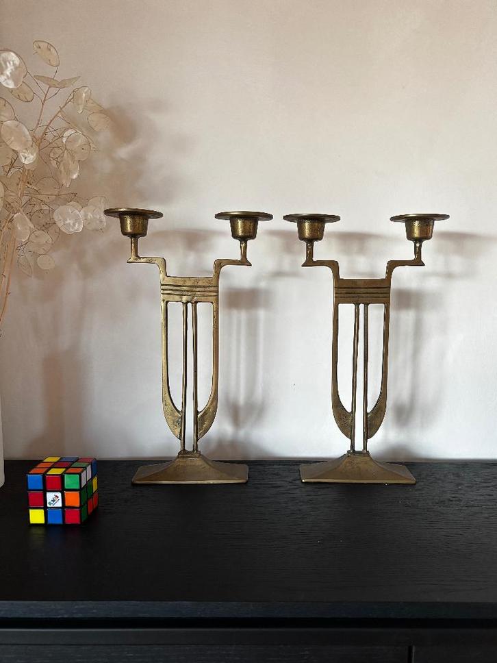 2  WMF dubbele kandelaar messing art deco 1920 Duits design, Antiek en Kunst, Antiek | Kandelaars, Koper of Brons, Ophalen of Verzenden