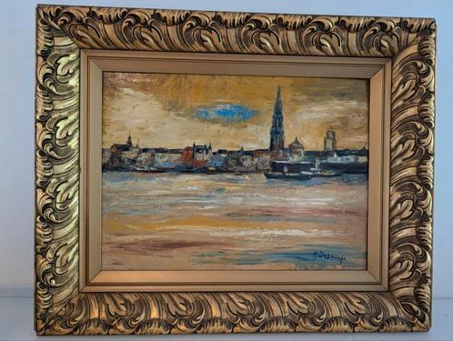 Olieverf schilderij op paneel haven van Antwerpen, Antiek en Kunst, Kunst | Schilderijen | Klassiek, Ophalen of Verzenden