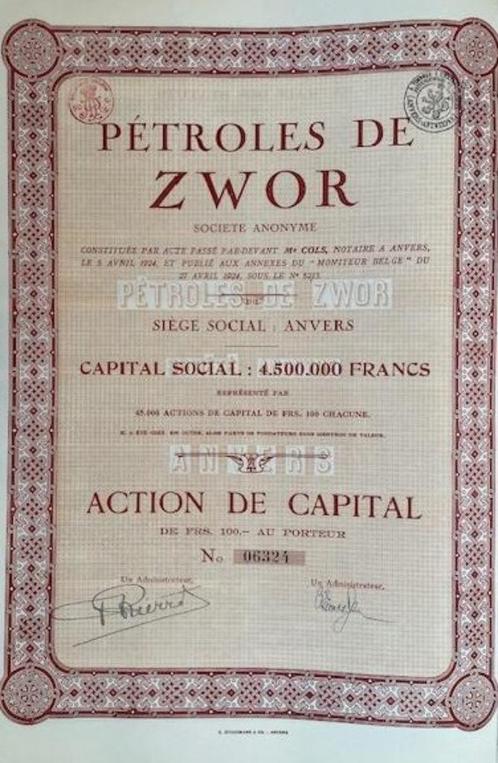 Aandeel Pétroles de Zwor 1924 (EF), Postzegels en Munten, Aandelen en Waardepapieren, Aandeel, 1920 tot 1950, Ophalen of Verzenden