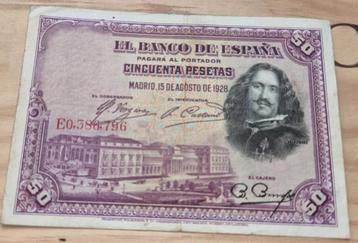 ALFONSO XIII 50 PESETAS 1928 SPANJE, Postzegels en Munten, Bankbiljetten | Europa | Niet-Eurobiljetten, Ophalen of Verzenden, Overige landen