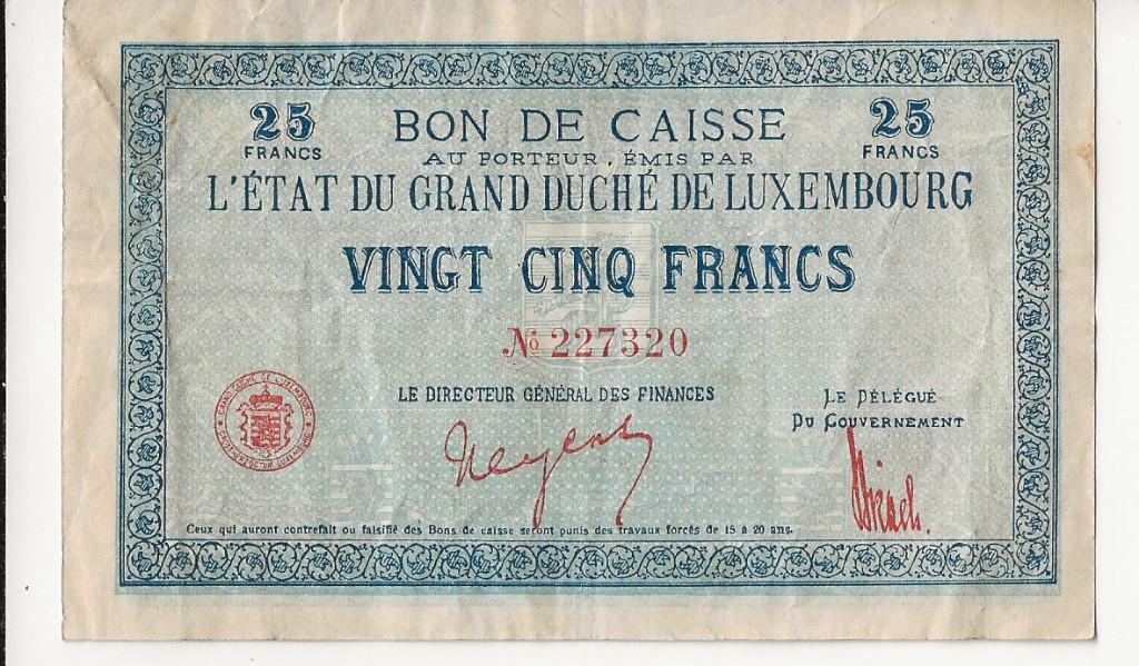 Billet de 25 francs luxembourgeois, série A, rare, Enlèvement ou Envoi, Autres pays, Billets en vrac