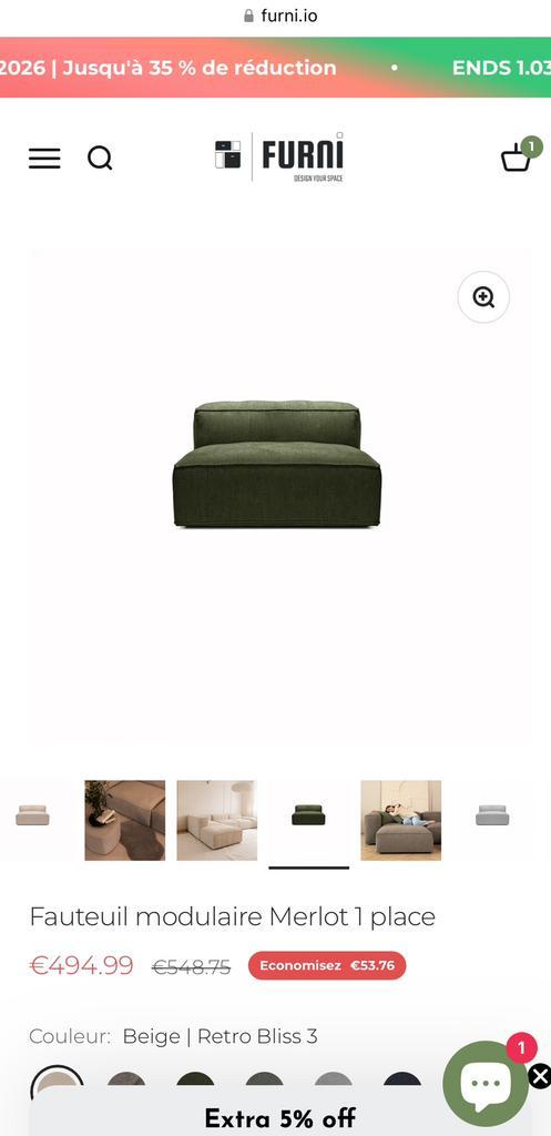 Faiteuil une place FURNI, Maison & Meubles, Fauteuils, Neuf, Tissus, 100 à 125 cm, 100 à 125 cm, Enlèvement