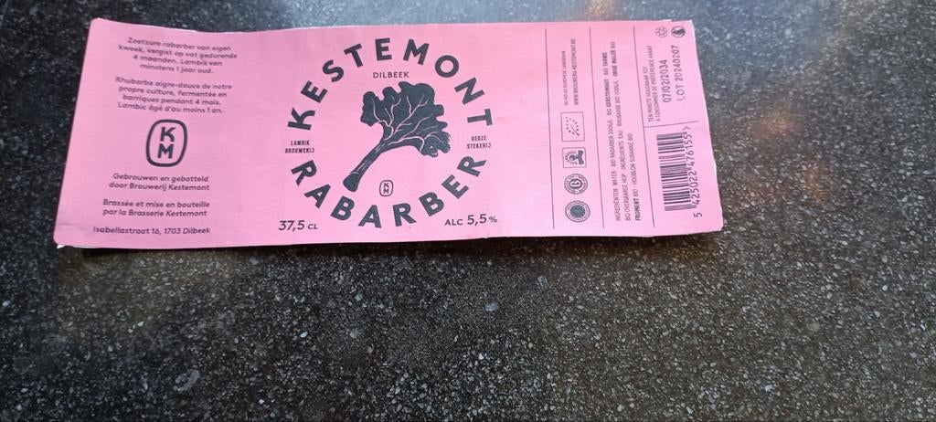Bieretiket rabarber lambik br KERSTEMONT Dilbeek, Verzamelen, Biermerken, Ophalen of Verzenden