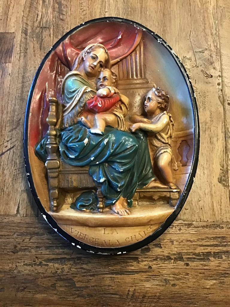 Oud gipsen wandbeeld Maria Jezus engel, Ophalen of Verzenden, Gebruikt, Christendom | Katholiek