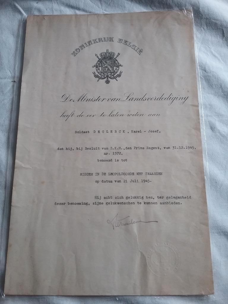 Certificat de Chevalier de l'Ordre de Léopold 1945, Collections, Objets militaires | Général, Enlèvement ou Envoi, Armée de terre