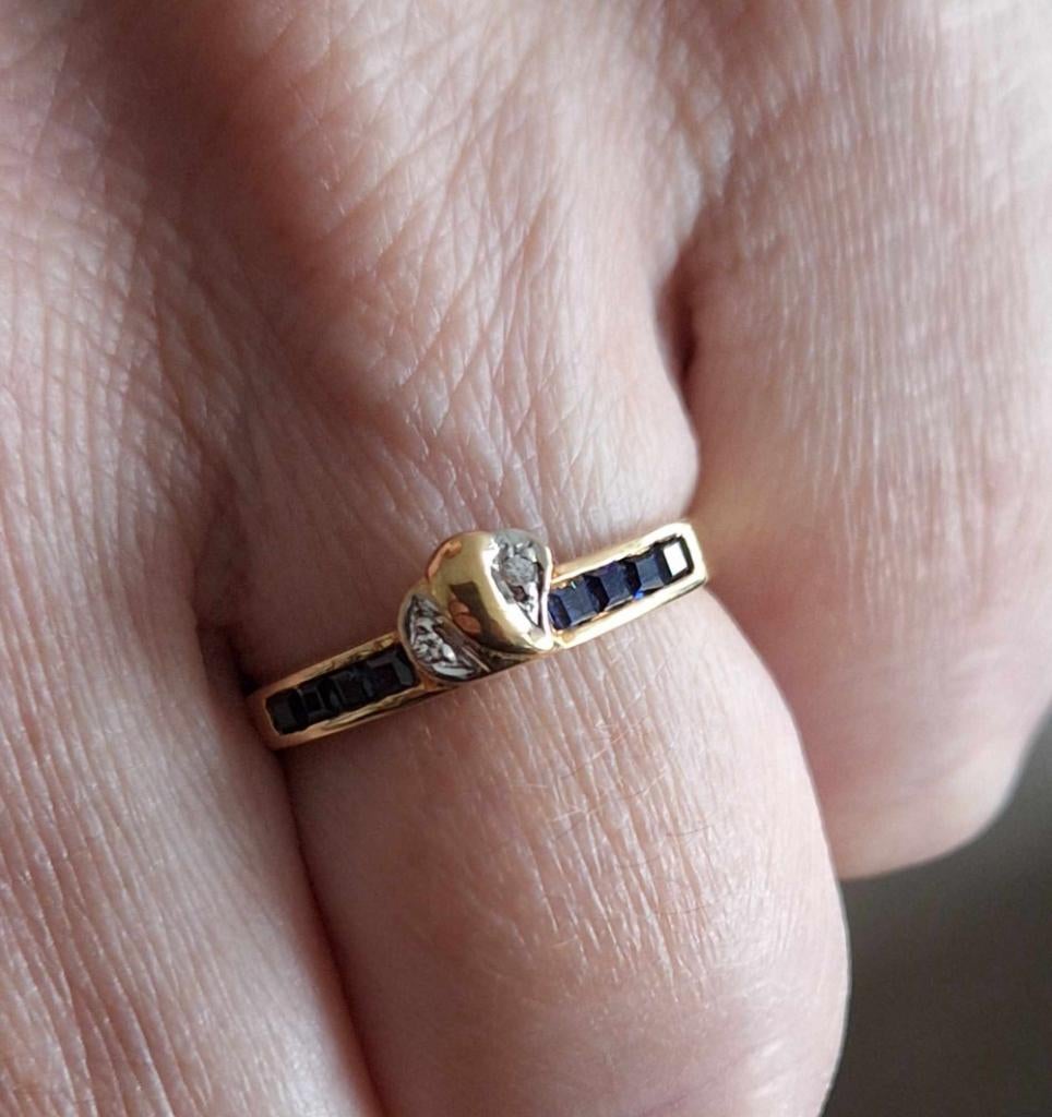 Pracht 18 karaats gouden dames ring, blauwsaffier & diamant., Bijoux, Sacs & Beauté, Bagues, Enlèvement ou Envoi, Or, Or, Utilisé