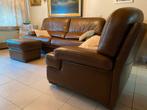 Bruin lederen salon: 3-zit, club en poef - zeer goede staat, Huis en Inrichting, Ophalen, Gebruikt