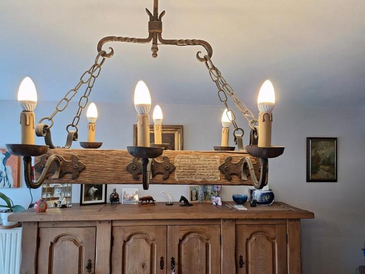 100% authentieke eiken en smeedijzeren luster, Maison & Meubles, Lampes | Suspensions, Enlèvement