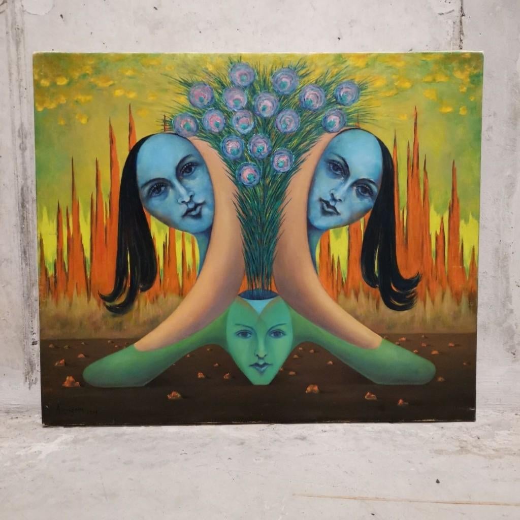 Composition à trois têtes de femmes (1975) -Albert Migom, Antiquités & Art, Enlèvement