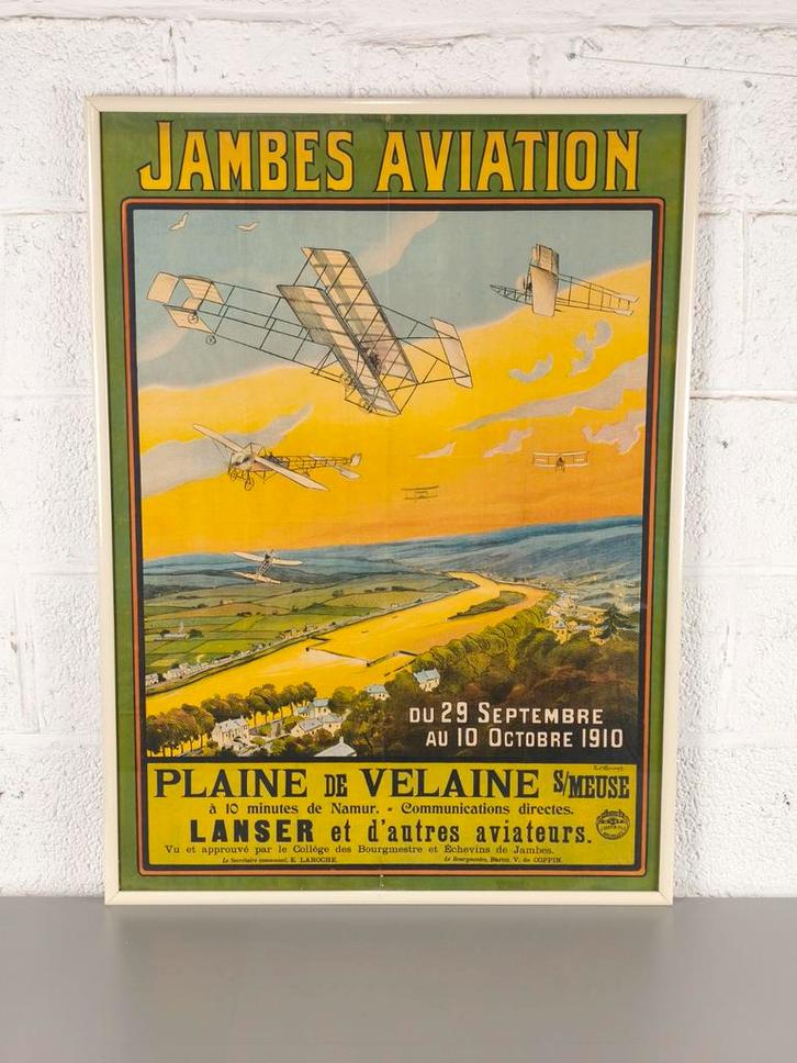 Prachtige grote affiche Jambes aviation 1910, Collections, Posters & Affiches, Enlèvement