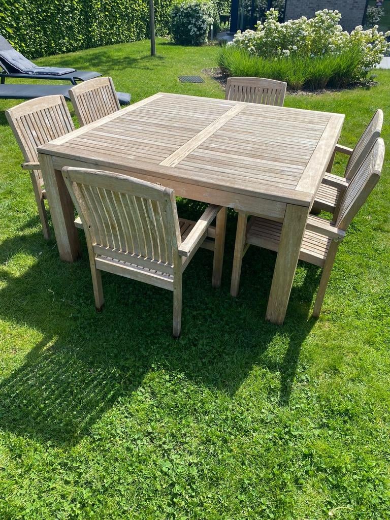 teak tafel en stoelen, Tuin en Terras, Ophalen, Gebruikt, Teakhout, 8 zitplaatsen