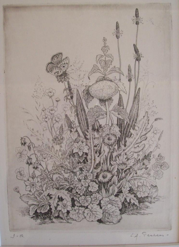 "Bloemstuk" - Louis A. Peeters, Antiek en Kunst, Kunst | Etsen en Gravures, Ophalen, Ingelijst, Flora en Fauna, 1950 - 1999