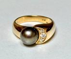 18 karaat gouden ring met grijze Zuidzee parel en diamant!, Met edelsteen, Geel, Ophalen of Verzenden, Kleiner dan 17