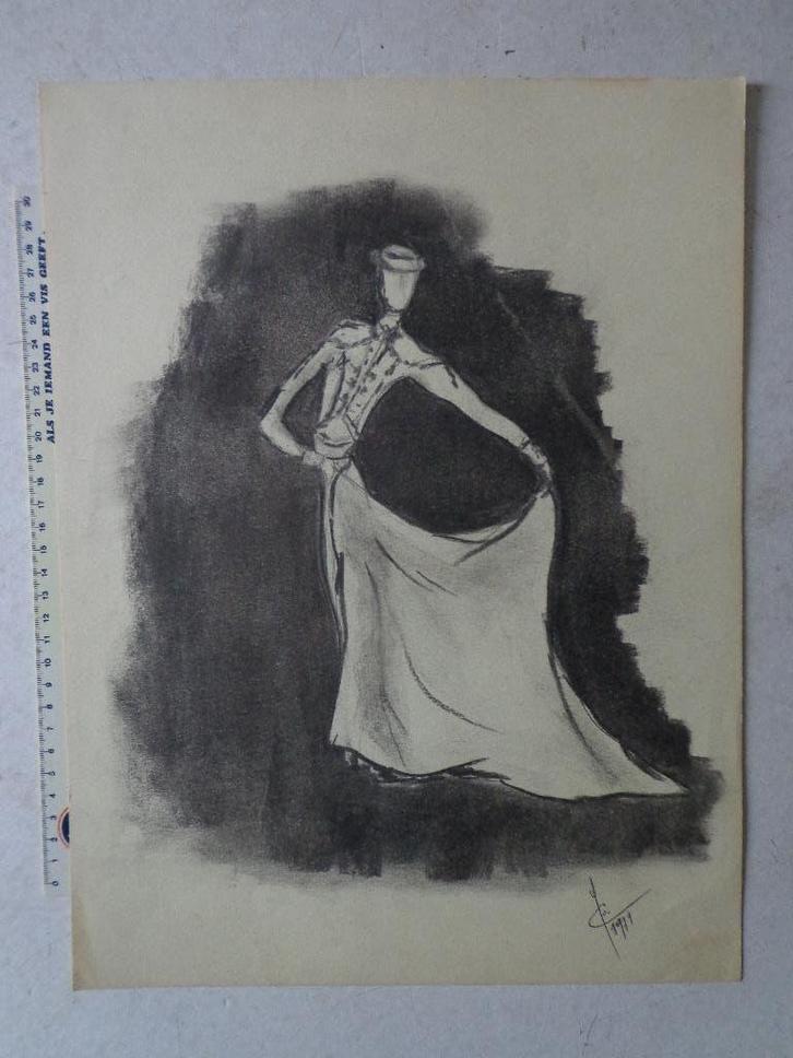 potloodtekening Yvette Guilbert? uit 1971 monogram, Antiek en Kunst, Kunst | Tekeningen en Fotografie, Ophalen of Verzenden