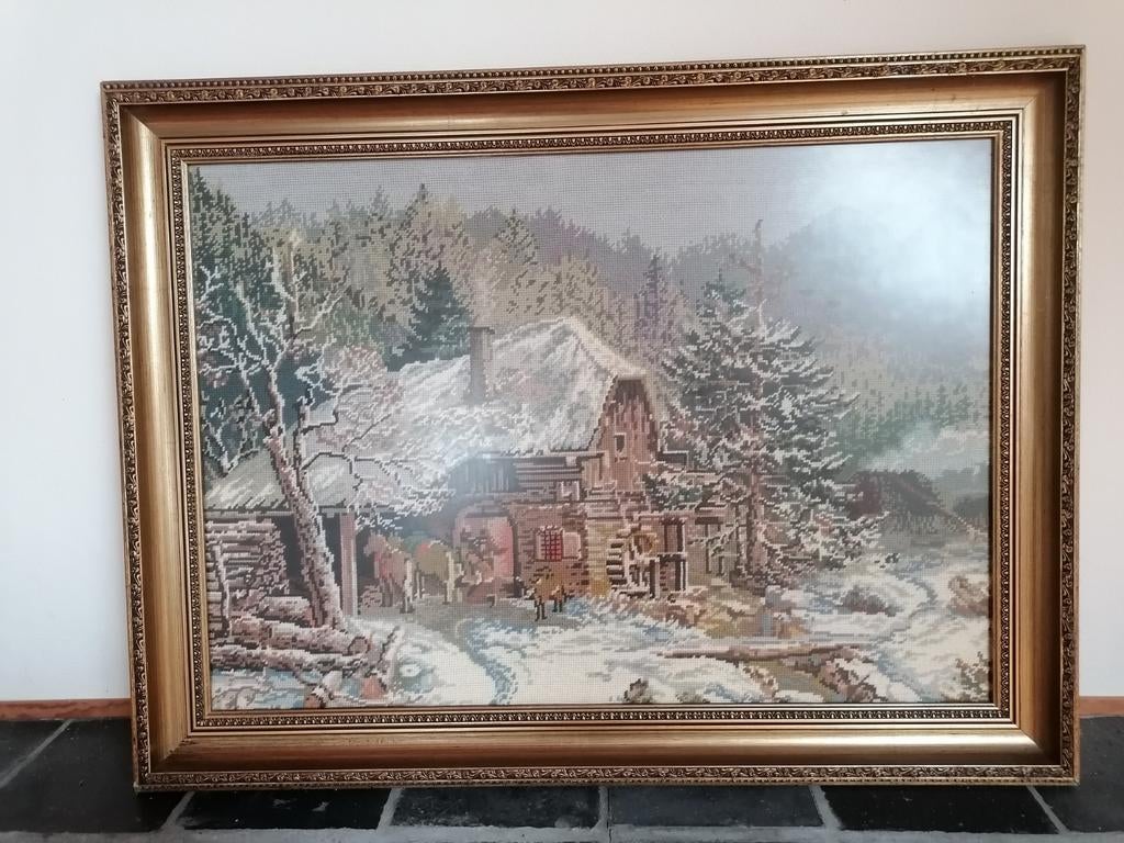 Grand cadre orné de paysages d'hiver brodés vintage, Enlèvement