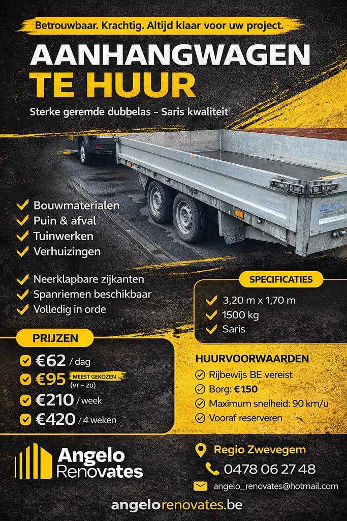 Te huur, Autos : Divers, Remorques, Comme neuf, Enlèvement