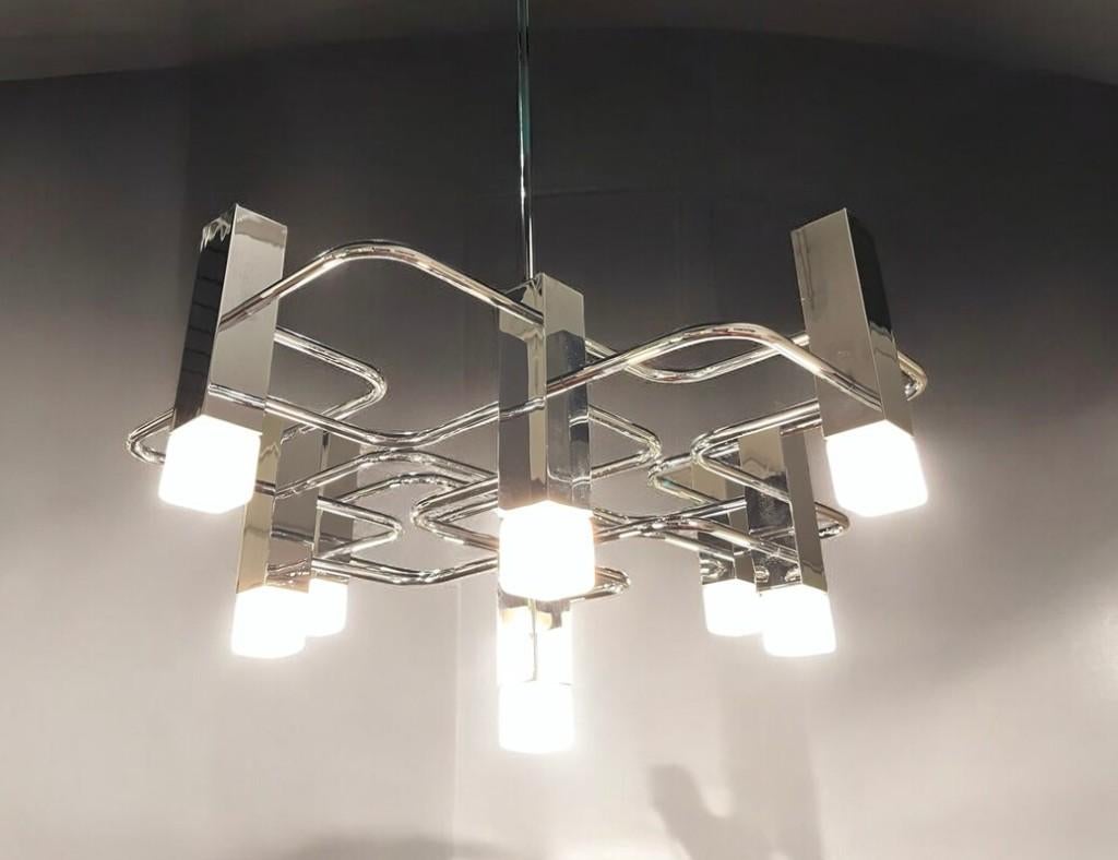 lustre Gaetano Sciolari - Chrome & 9 Feux - Design 1970, Enlèvement, Comme neuf, Métal, Vintage