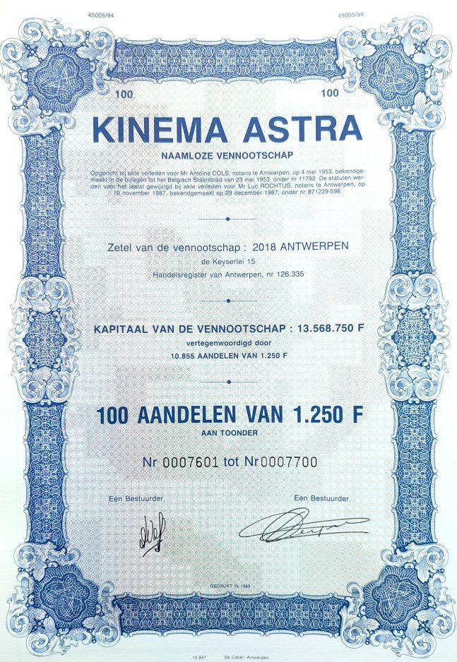 Kinema Astra (Antwerpen) 1987-89, Postzegels en Munten, Aandelen en Waardepapieren, Certificaat van aandeel, 1970 tot heden, Ophalen of Verzenden