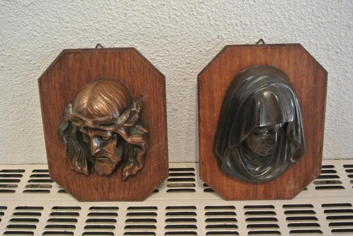 Twee Beelden Koper en Brons Christus en Maria, Antiek en Kunst, Antiek | Religieuze voorwerpen, Ophalen of Verzenden