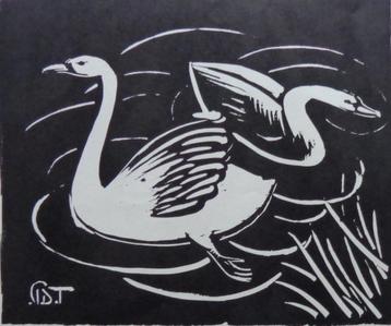 PROSPER DE TROYER / TWEE ZWAANTJES / ZW-W LINOSNEDE 31x36cm beschikbaar voor biedingen
