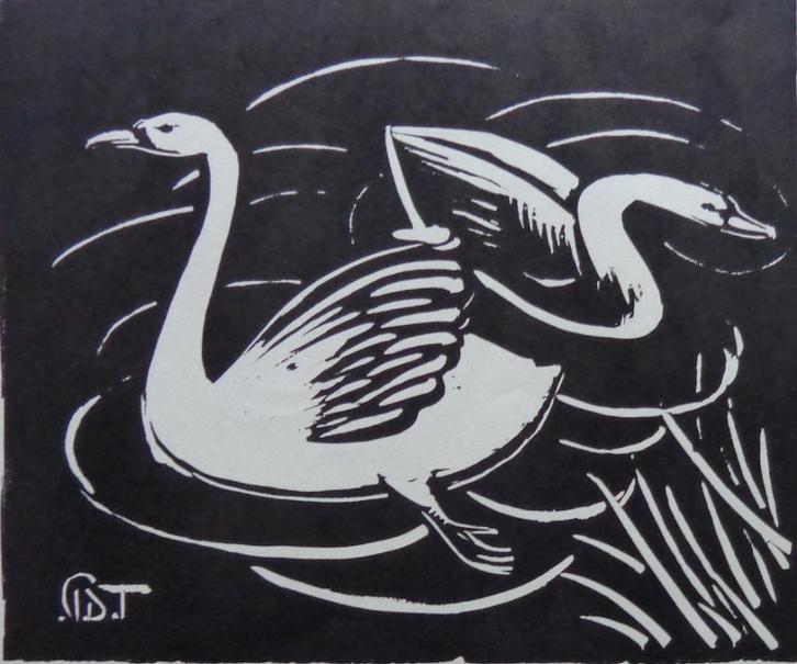 PROSPER DE TROYER / TWEE ZWAANTJES / ZW-W LINOSNEDE 31x36cm, Antiek en Kunst, Kunst | Litho's en Zeefdrukken, Ophalen of Verzenden