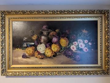 Grande peinture ancienne - nature morte aux fleurs et case,  beschikbaar voor biedingen