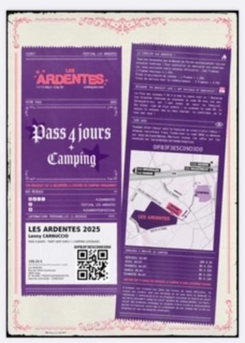 PASS 4 JOURS + CAMPING LES ARDENTES 2025, Tickets & Billets, Une personne, Plusieurs jours