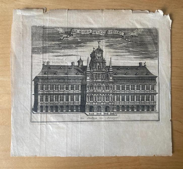 Antieke gravure Stadhuis Antwerpen – 17e -18e eeuw, Antiek en Kunst, Kunst | Etsen en Gravures, Ophalen of Verzenden