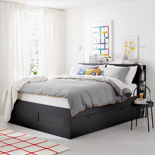 Zwart bed brimnes, Huis en Inrichting, Slaapkamer | Bedden, Zo goed als nieuw, Tweepersoons, 180 cm, 200 cm, Hout, Zwart, Ophalen