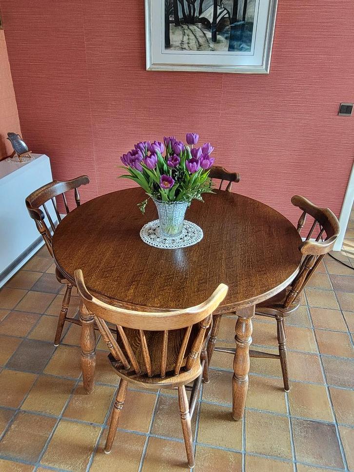 Table (ronde) et 4 chaises en bois, Maison & Meubles, Tables | Tables à manger, Utilisé, 100 à 150 cm, 100 à 150 cm, Quatre personnes